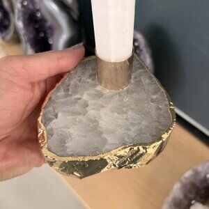 Brazilian Natural White Crystal 24K Gold-Plated Candlestick Decorative Accent